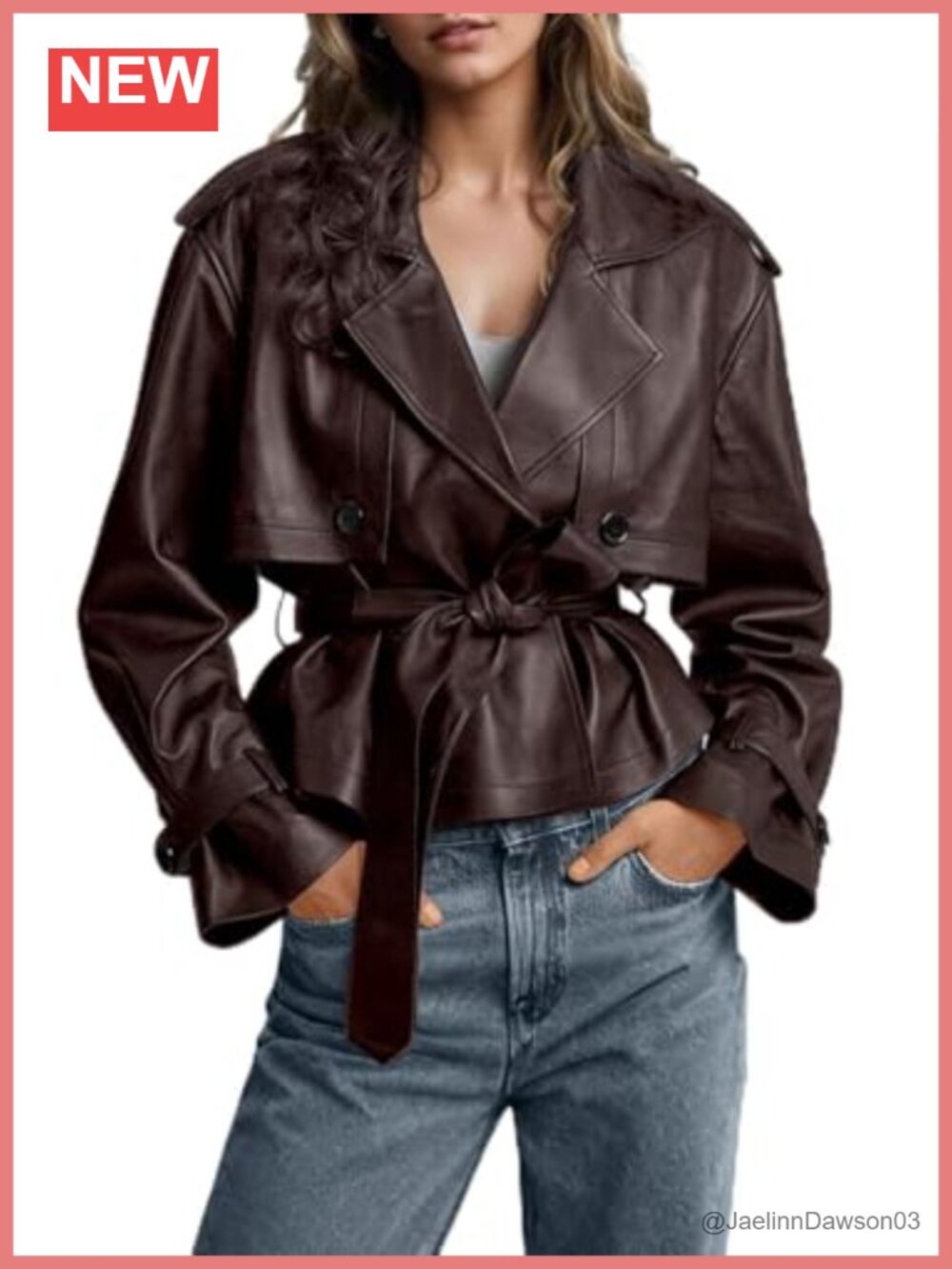 Faux Leather Short Trench Coat Belted Moto Business Casual